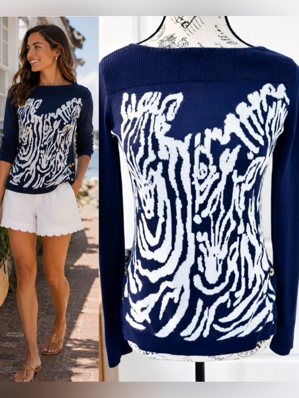LILLY PULITZER Nila Navy Sweater Zebra Jacquard Side Buttons Sz XS💛